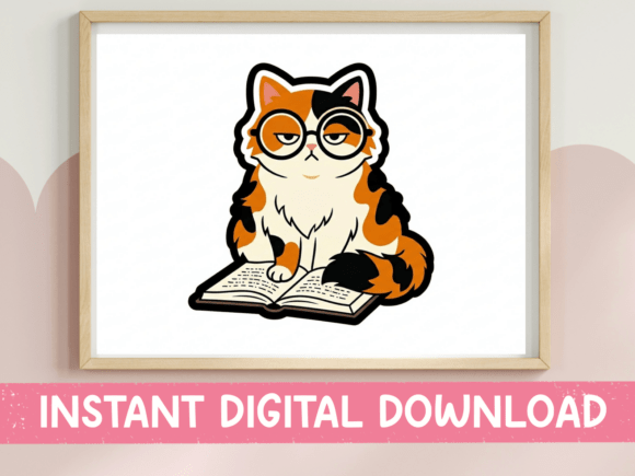 Calico Cat Reading with Glasses Sticker: A Charming T-Shirt Design