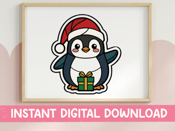 Christmas Penguin with Gift Sticker: A Charming Embroidery Design