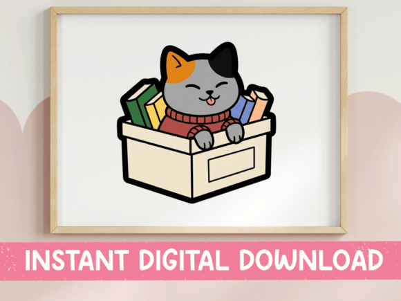 Cozy Cat in Book Box Sticker: A Charming Graphic for T-Shirt Designs
