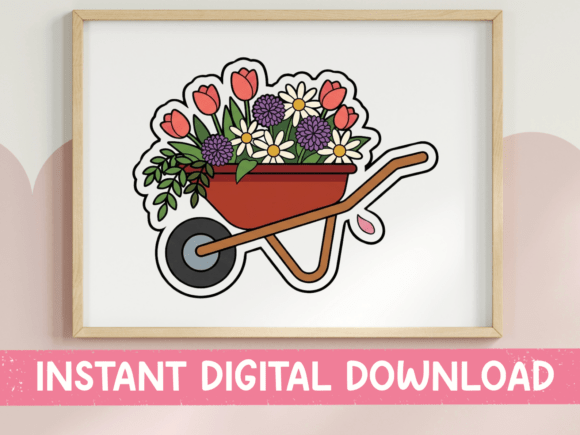 Flower Wheelbarrow Garden Sticker: A Vibrant T-Shirt Design