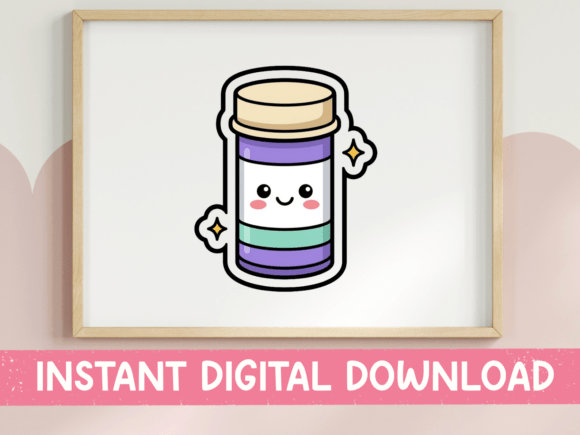 Kawaii Pill Bottle Sticker: A Charming T-Shirt Graphics Asset