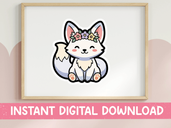 Kawaii White Fox Flower Crown Sticker: Perfect for T-Shirt Designs and Graphics