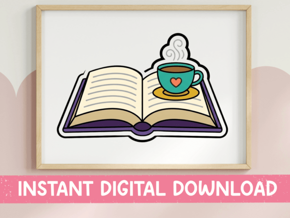 Open Book with Coffee Cup Sticker: A Cozy T-Shirt Design