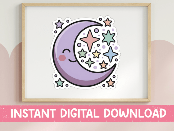 Pastel Purple Moon with Stars Sticker for T-Shirt Designs and Graphics