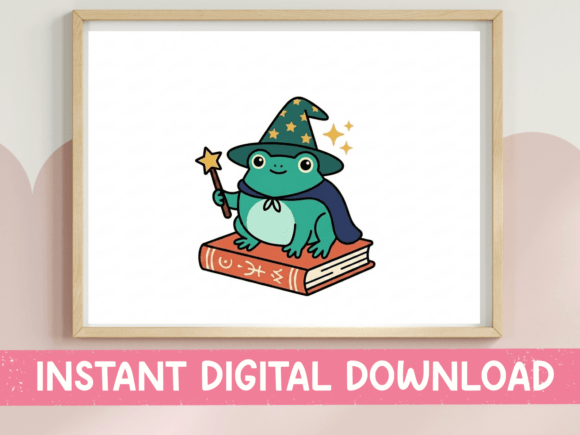 Wizard Frog on Magic Book Sticker: A Charming T-Shirt Design Graphic