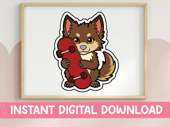 Wolf Pup Hugging Skateboard Sticker: A Charming Graphic for T-Shirt Designs